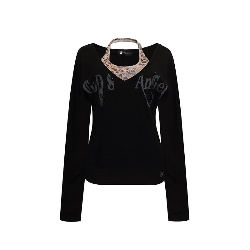 Women's Layered Long Sleeve Shirt with Integrated Halter Neck and Vintage Graphic Amarae