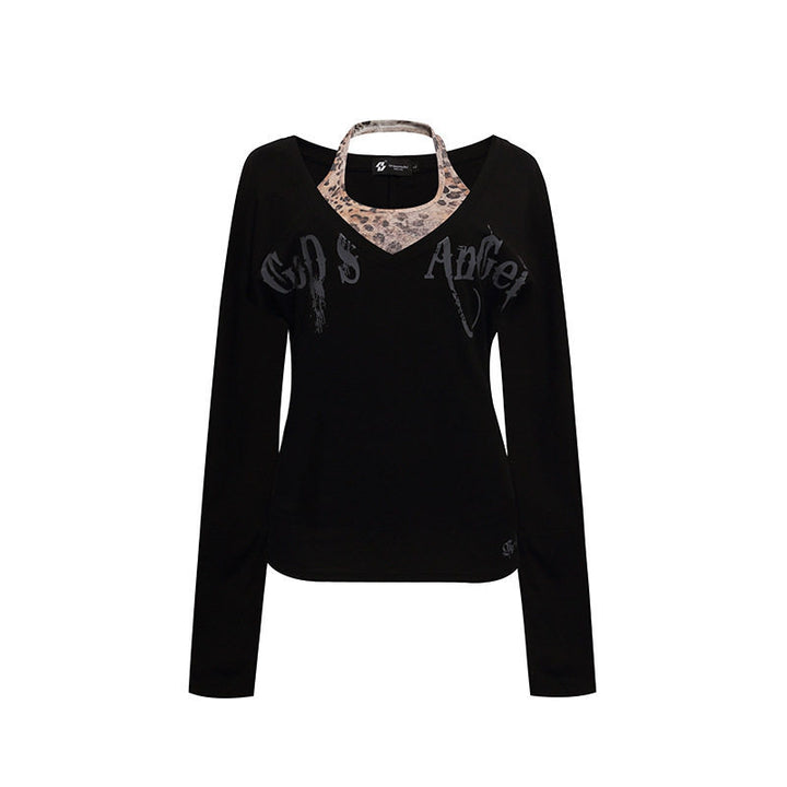 Women's Layered Long Sleeve Shirt with Integrated Halter Neck and Vintage Graphic Amarae