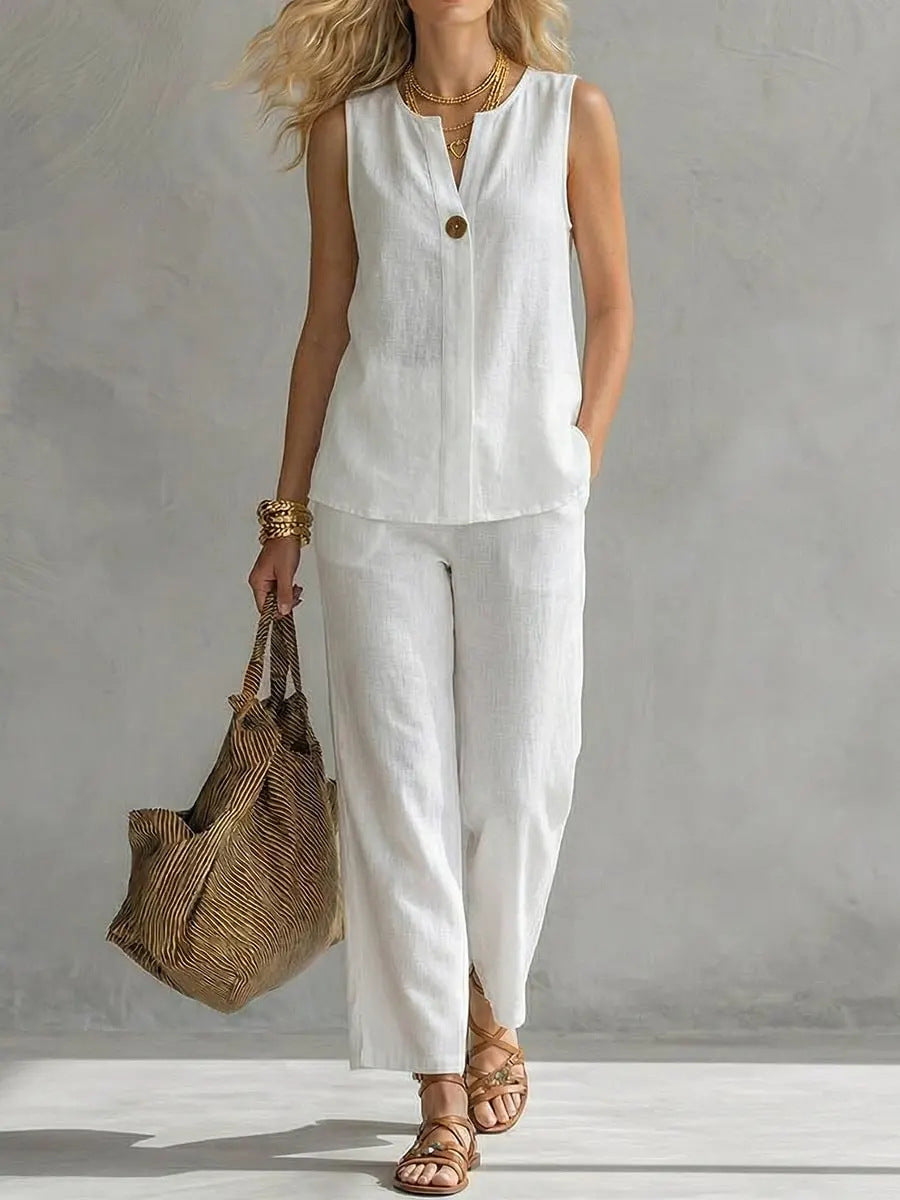 Women's Casual Two-Piece Set with Sleeveless Blouse and Trendy Pants Lune London