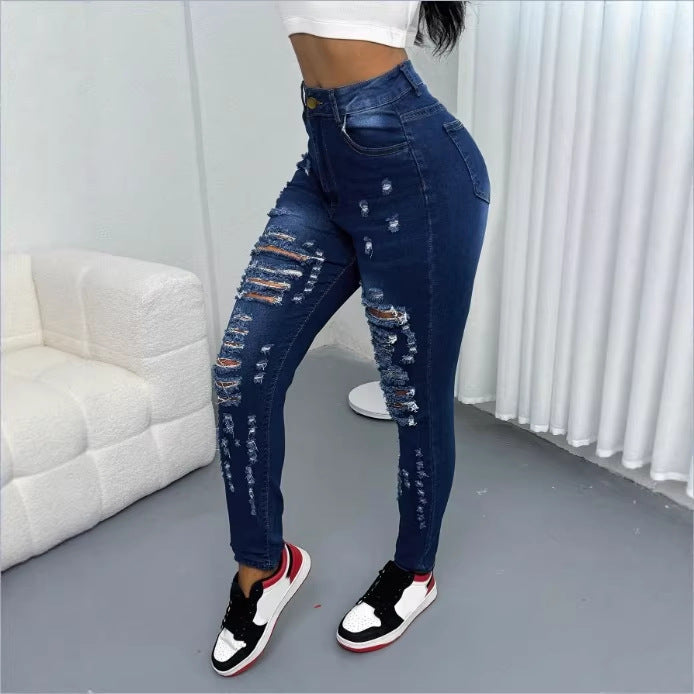 Women High-Waisted Ripped Skinny Jeans with Waist-Shaping Comfort Band Amarae