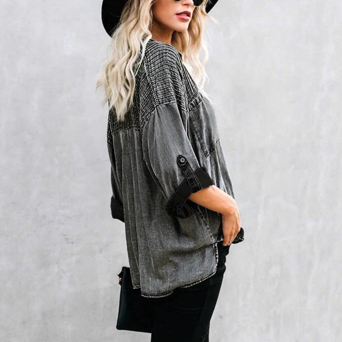 Women's Oversized Denim Blouse with Quilted Yoke, Button Placket and Patch Chest Pockets Amarae