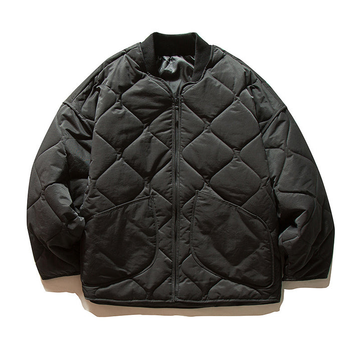 Unisex Lightweight Boxy Puffer Jacket with distinctive diamond quilting, front round pockets, and ribbed collar Amarae