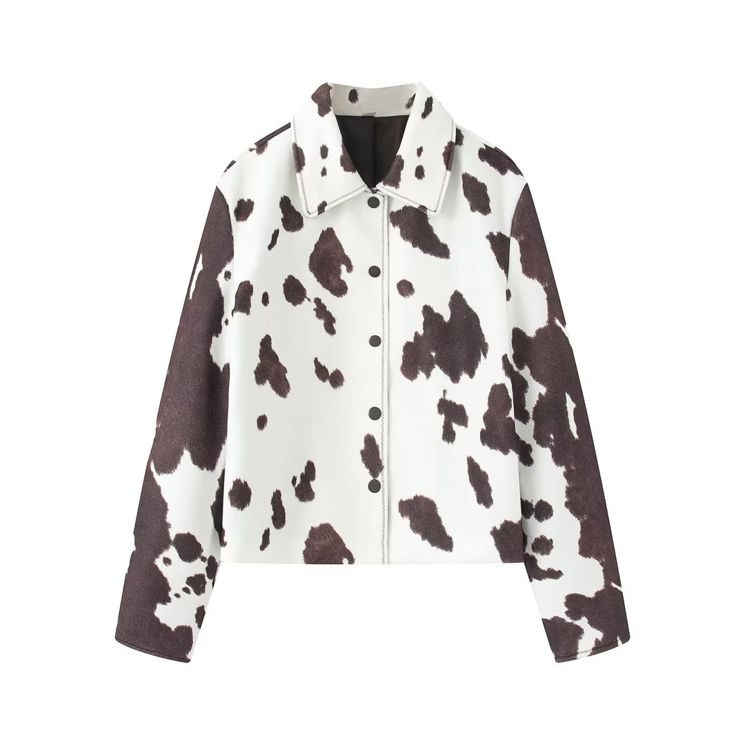 Women's Cropped Shirt Jacket in Boxy Cut with Cow Spot Print and Press Stud Placket Amarae
