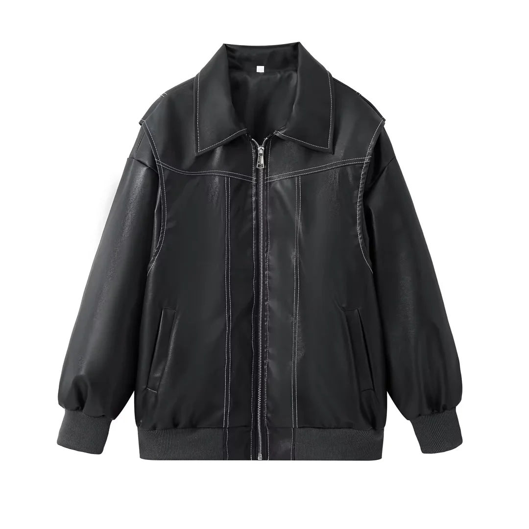 Ladies Trendy Synthetic Leather Jacket with Elastic Cuffs and Practical Pockets Lune London