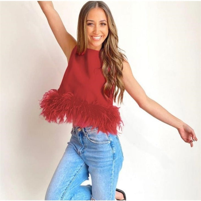 Ladies Elegant Top with Feathers and Chic Round Neck
