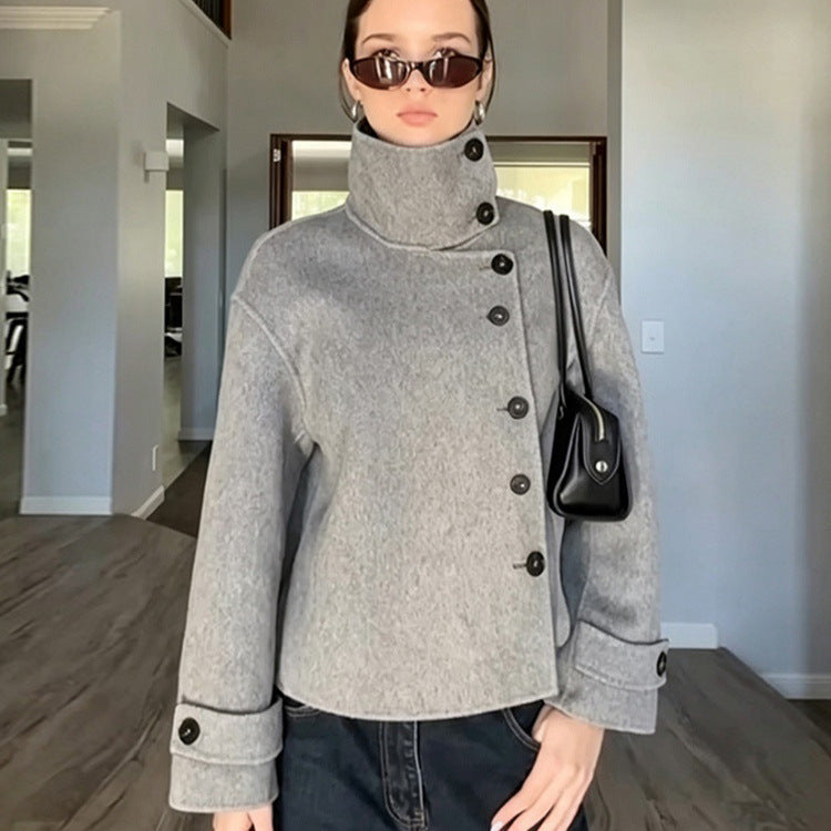 Women's Short Wool Blend Coat with Asymmetrical Button Placket and High Standing Collar Amarae