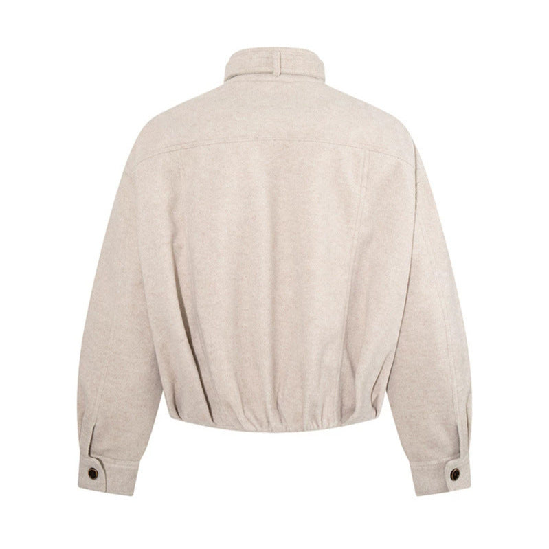 Women's short wool bomber jacket with high stand collar, waist belt and concealed zipper Amarae