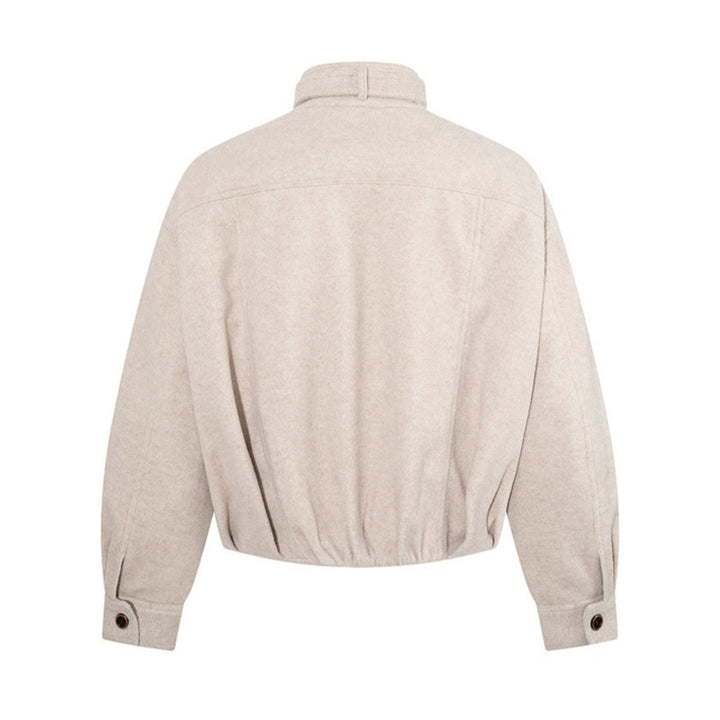 Women's short wool bomber jacket with high stand collar, waist belt and concealed zipper Amarae