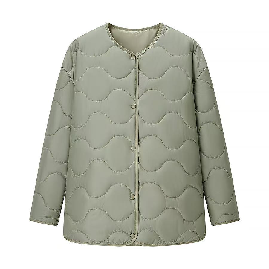 Women's oversized quilted jacket in cocoon cut with wave-shaped quilting and round neckline Amarae
