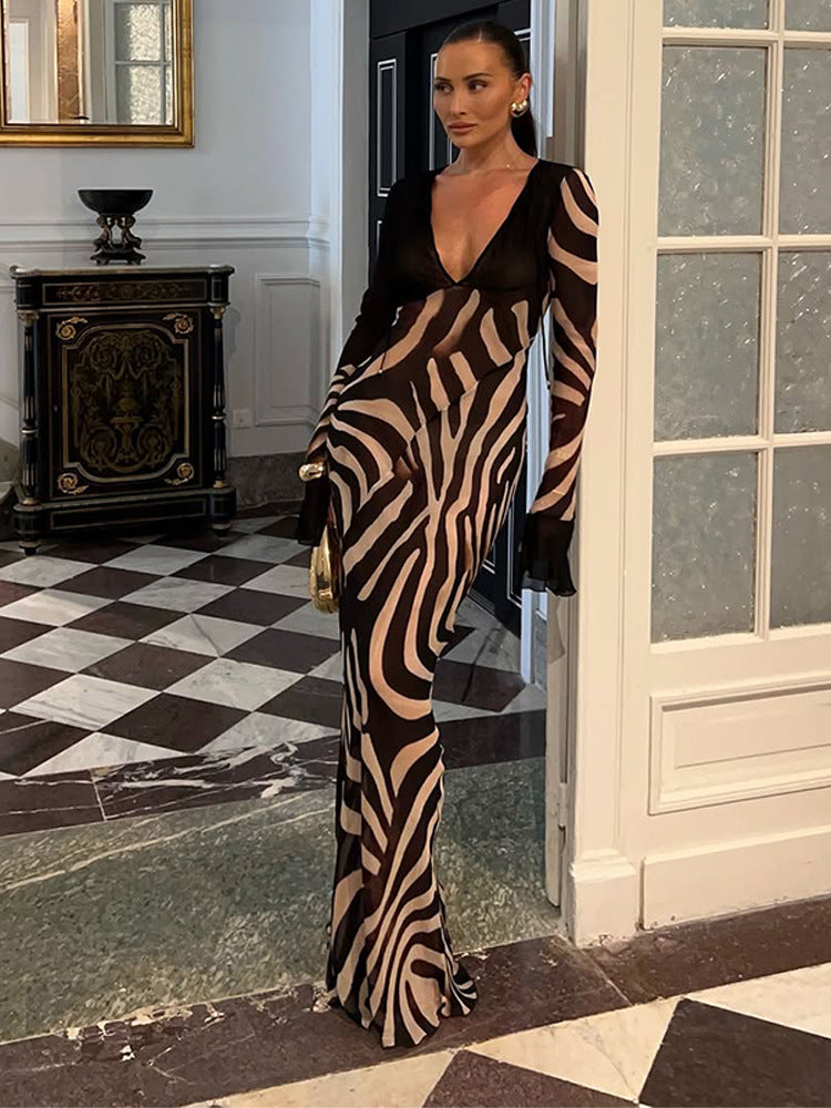 Women's body-hugging mesh maxi dress with deep V-neckline & graphic zebra print Amarae