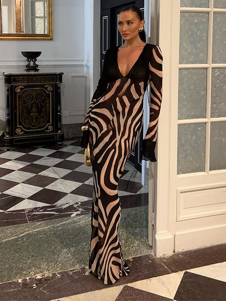 Women's body-hugging mesh maxi dress with deep V-neckline & graphic zebra print Amarae