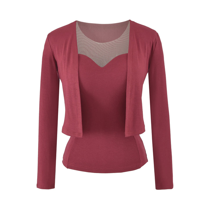 Ladies Two-Piece Fine Knit Top Set with Mesh Insert and Open Cardigan Amarae