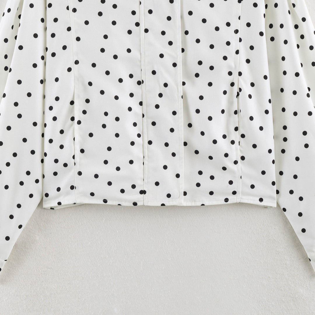 Women's Polka Dot Cropped Blouse with Stand Collar and Concealed Button Placket Amarae