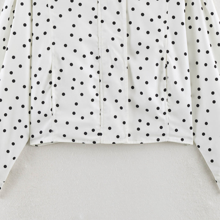 Women's Polka Dot Cropped Blouse with Stand Collar and Concealed Button Placket Amarae