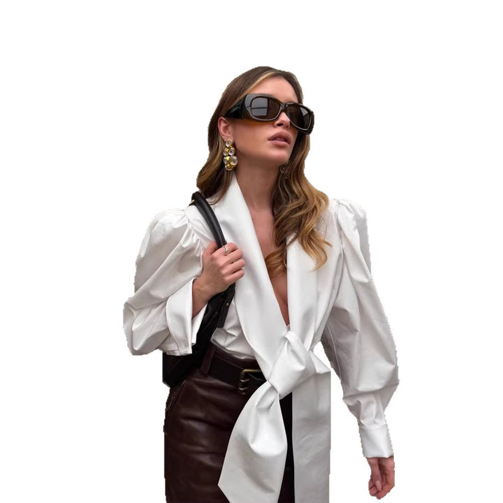 Women Tailored Blouse with XXL Volume Sleeves and Front Knot Amarae