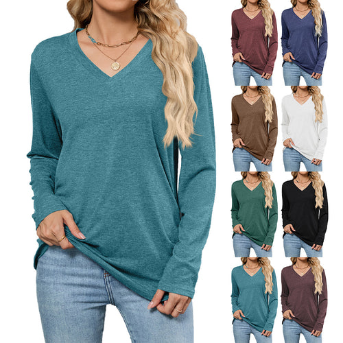 Women's Viscose Blouse with Long Sleeves and Fashionable V Neck and Chic Loose Fit