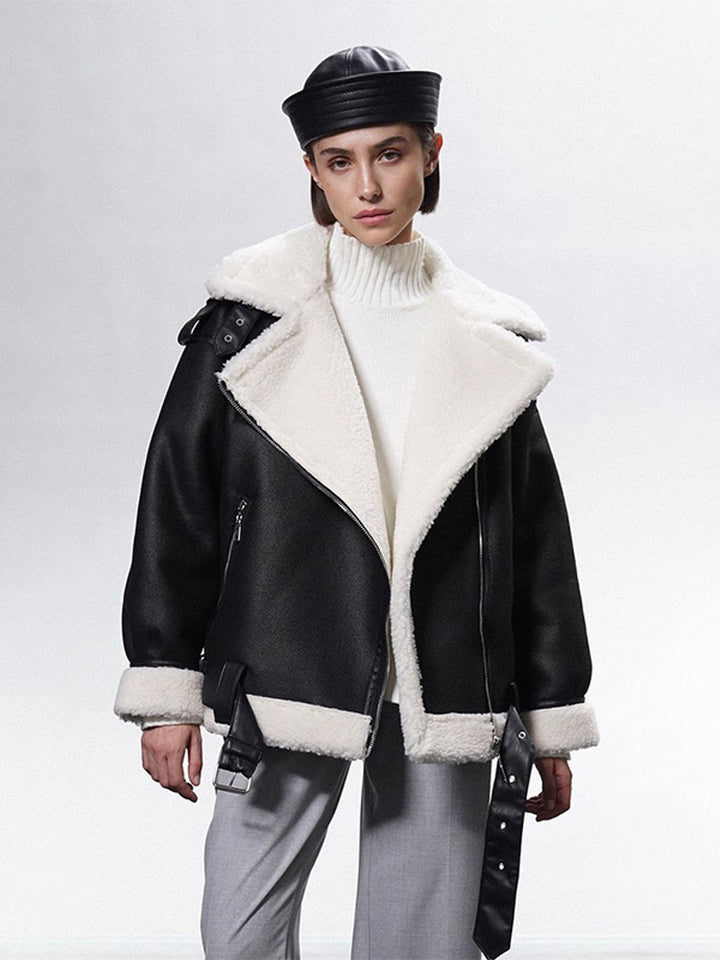 Women's Oversized Biker Jacket with Teddy Fur Lining and Adjustable Belts Amarae