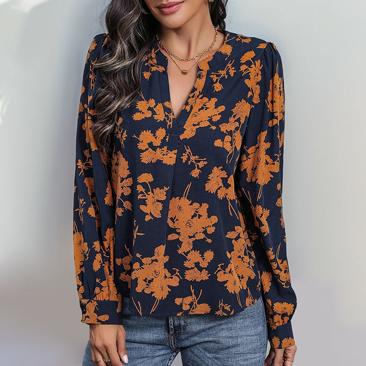 Floral blouse for women with V-neck and puffed sleeves Lune London