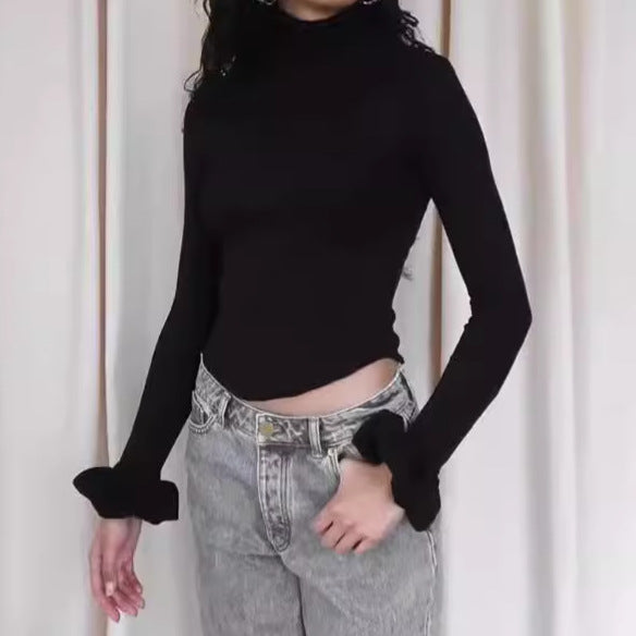 Ladies Elegant Long Sleeve Top with High Collar and Ruffled Details Lune London