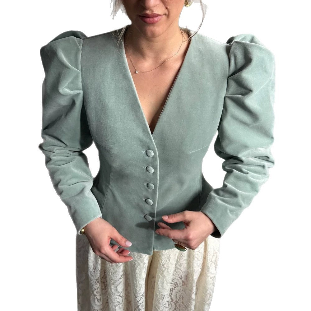 Women Fitted Velvet Blazer with Emphasized Waist, V-Neck and Voluminous Puff Sleeves Amarae