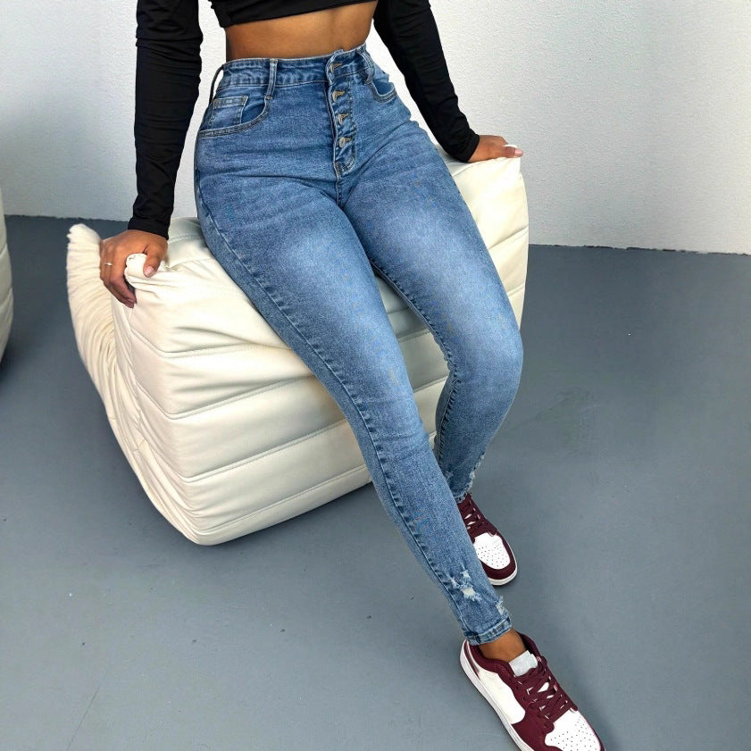 Women's high-waisted Sculpting Skinny Jeans with visible decorative button placket and ankle-length sculpting fit Amarae