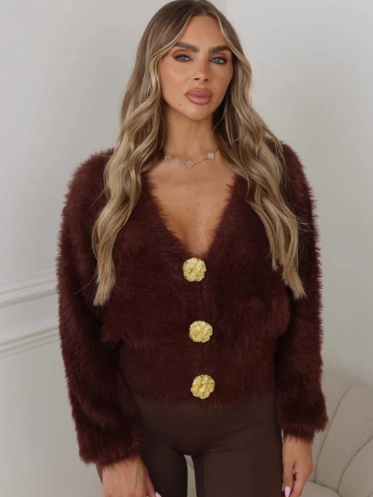 Women's Fluffy Short Jacket with V-Neck and Metallic Decorative Buttons Amarae