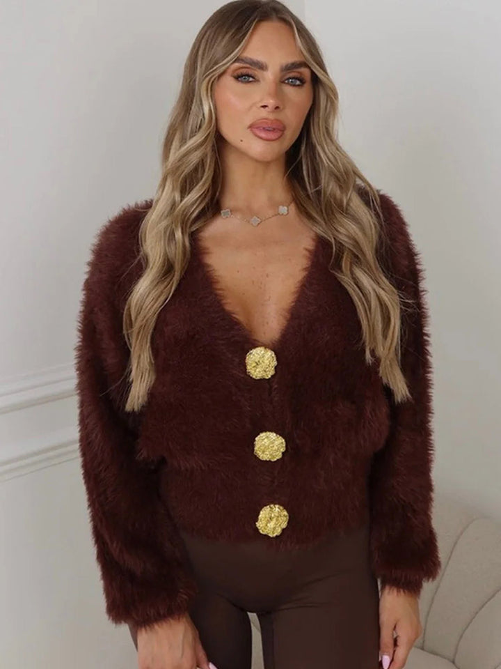 Women's Fluffy Short Jacket with V-Neck and Metallic Decorative Buttons Amarae