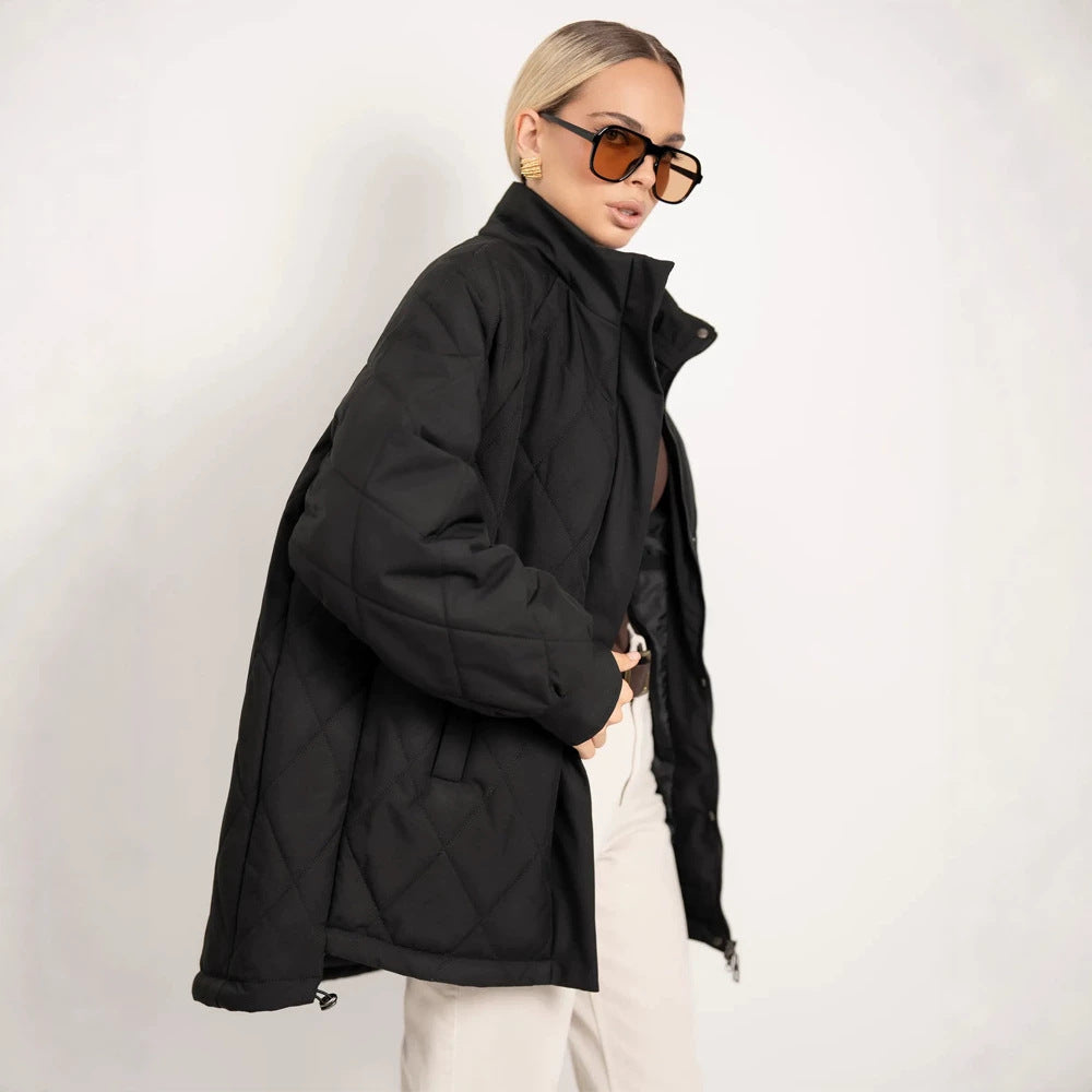 Women's quilted parka in diamond quilting pattern with hood and extended back Amarae