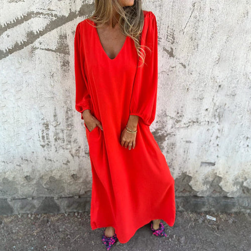 Women Elegant Midi Dress with V Neck and Chic Puff Sleeves
