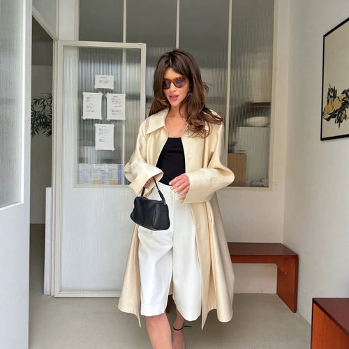 Women Lightweight Satin-Effect Long Coat with Boxy Oversize Silhouette Amarae