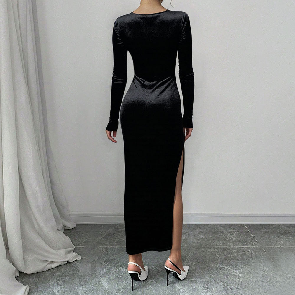Robe maxi en velours pour femmes avec décolleté en V profond et fente élégante Chic & Stil
