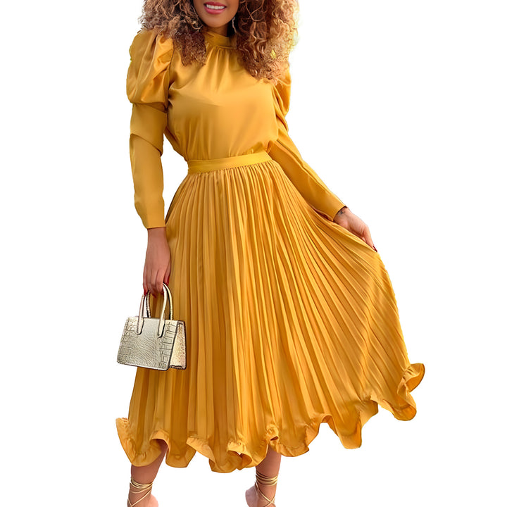 Ladies Elegant Midi Dress with High Collar and Chic Pleated Design