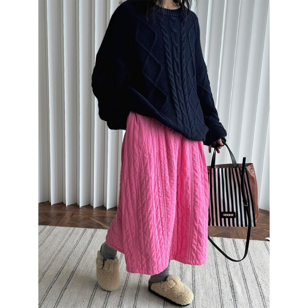 Women Oversized Cable Knit Sweater with Round Neckline and Textured Knit Optics Amarae
