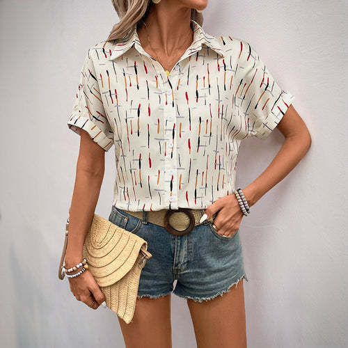 Women's short sleeve blouse with button and abstract print Amarae