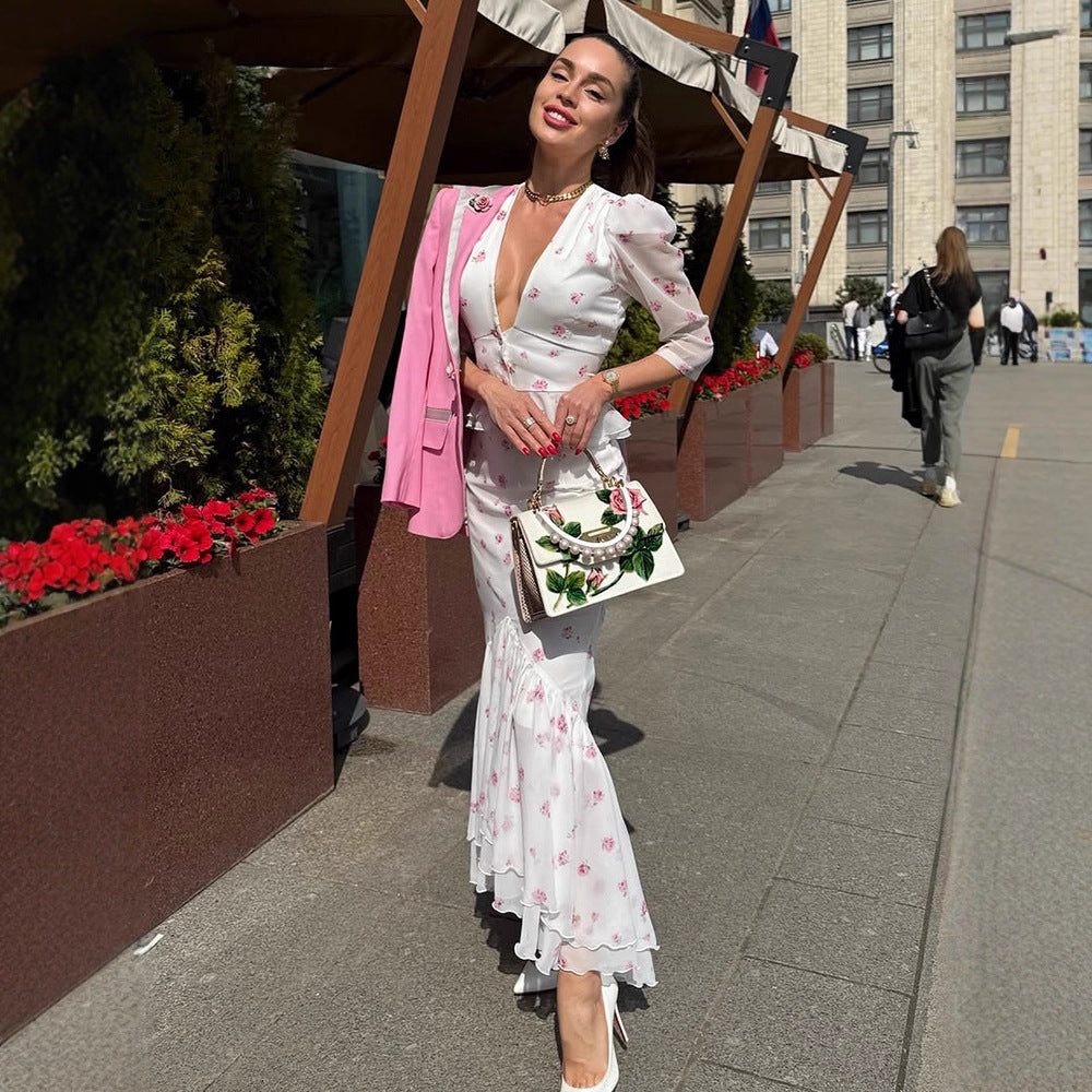 Women's Floral Satin Midi Dress with Deep V-Neck, Puff Sleeves, and Tailored Gathering Amarae