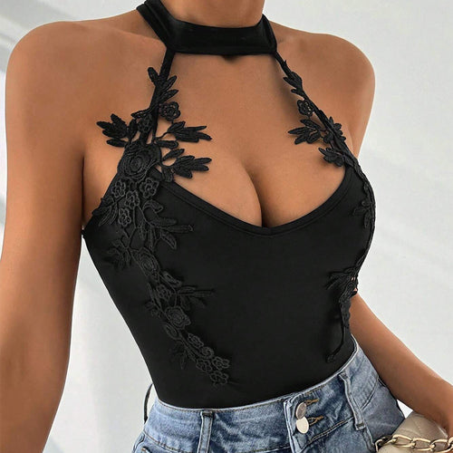 Body-halter pour femme avec accents en dentelle florale et décolleté en V profond Chic & Stil