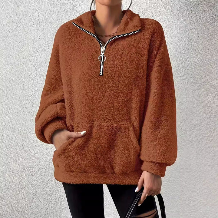 Women's Cozy Fleece Pullover with Half Zipper and Side Pockets Lune London