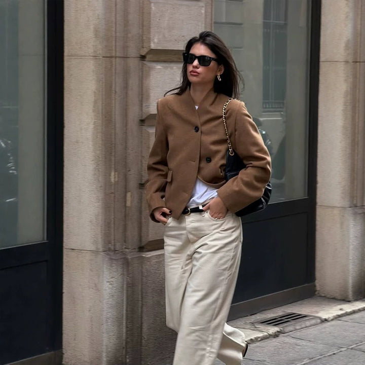 Women's short blazer made of wool blend with stand-up collar, boxy silhouette & three buttons Amarae