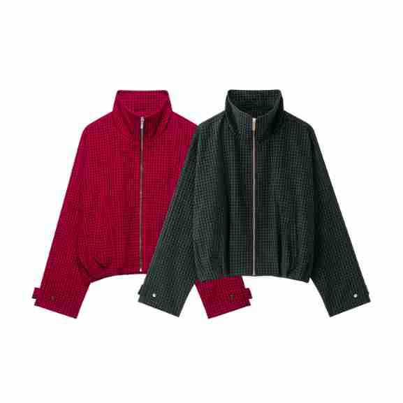 Women Checked Cropped Jacket with Stand-up Collar and Zipper Amarae