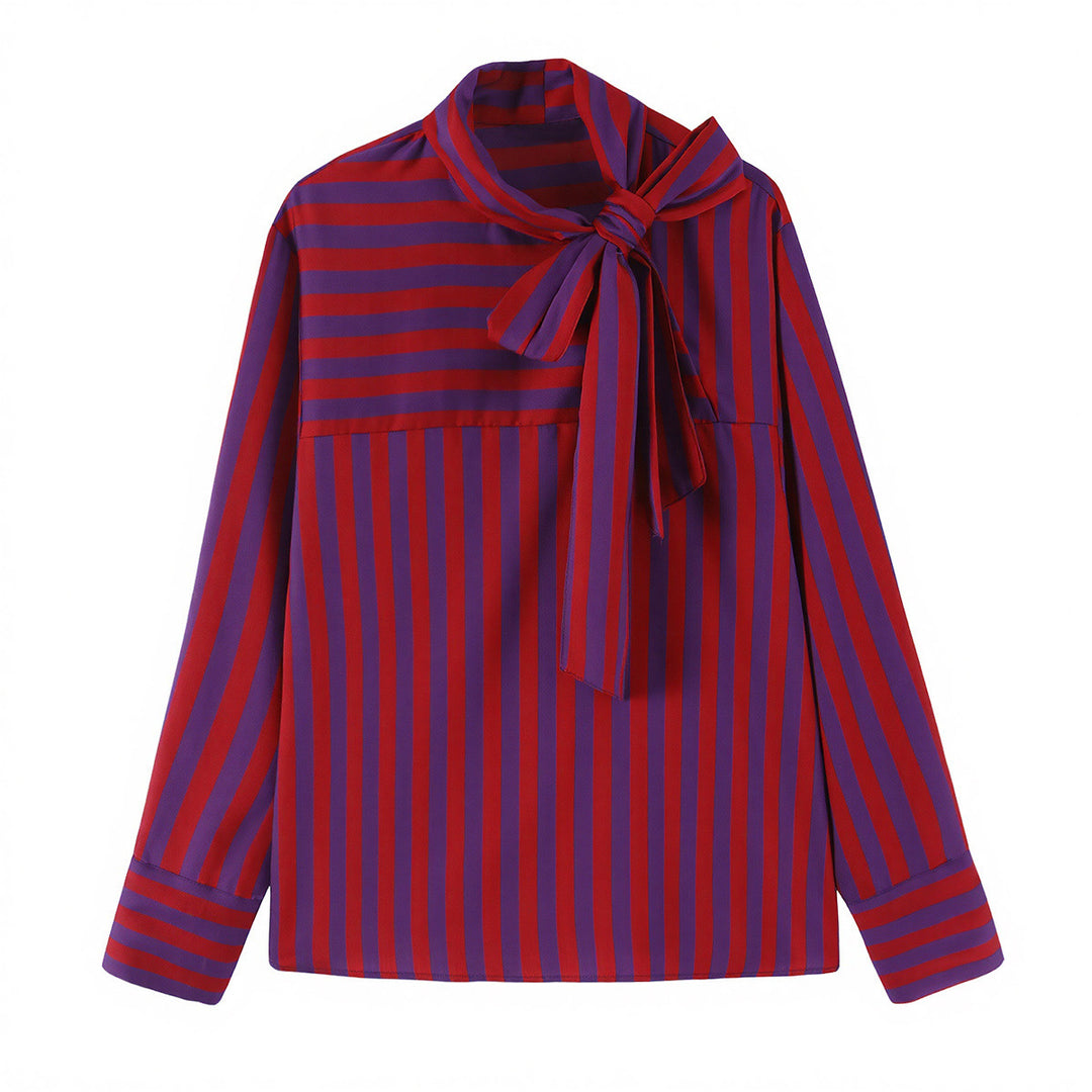Women's Striped Long Sleeve Blouse with Bow Collar and Casual Fit Amarae