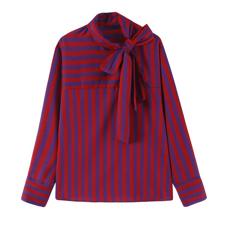 Women's Striped Long Sleeve Blouse with Bow Collar and Casual Fit Amarae