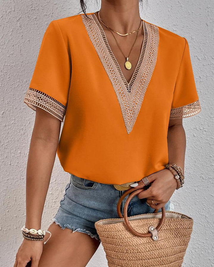 Elegant V-neck blouse with lace for women Lune London