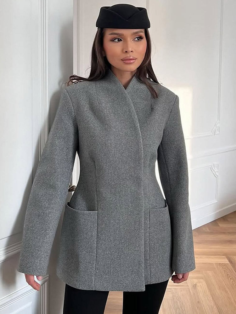 Women's Figure-Hugging Wool Blend Coat in Cocoon Cut with Concealed Button Placket Amarae
