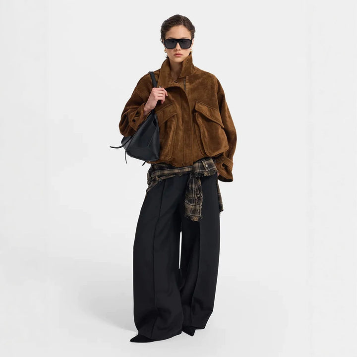 Ladies Oversize Suede Blouson with Large Flap Pockets and Stand-up Collar Amarae