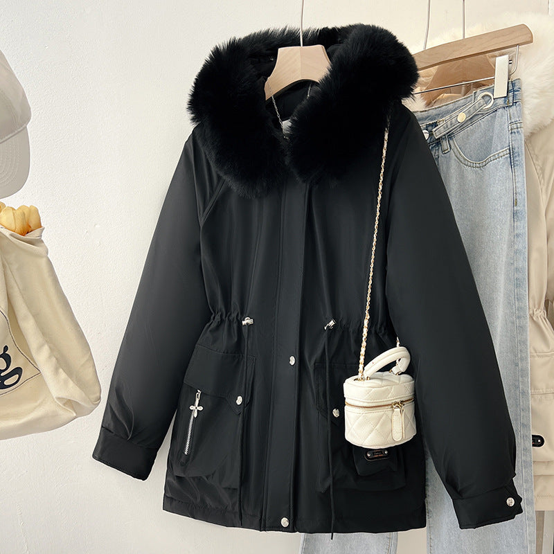 Multifunctional winter jacket for women with removable faux fur collar and adjustable waist drawstring Lune London