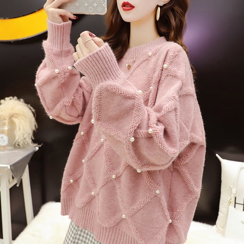 Sweat à col rond oversize pour femmes avec motif structuré et décorations en perles Chic & Stil