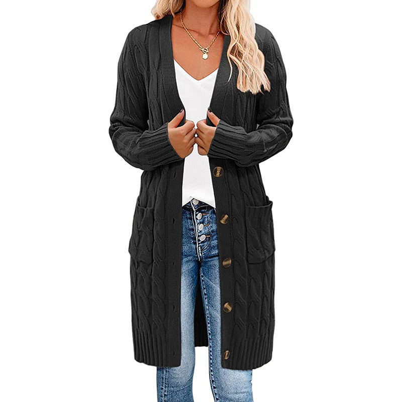 Ladies long knitted cardigan with cable design and practical pockets Lune London