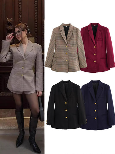Plaid blazer for women with gold buttons and practical pockets Amarae