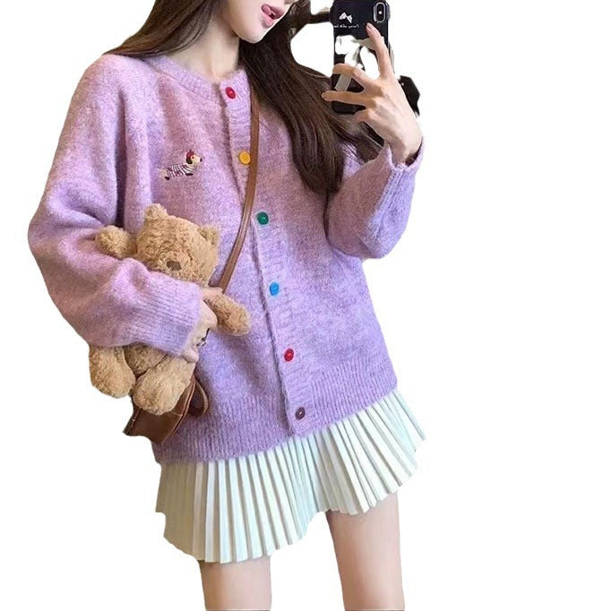 Knitted jacket for women with colored buttons and an embroidered pattern Lune London