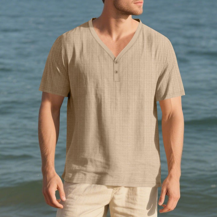 Men's short sleeve Henley shirt with textured design and stylish accents Lune London